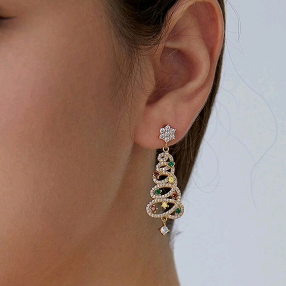 ✨️ 1 pair  Alloy GOLD Cubic Zirconia Christmas Tree Dangle Earrings ✨️ - Picture 2 of 3